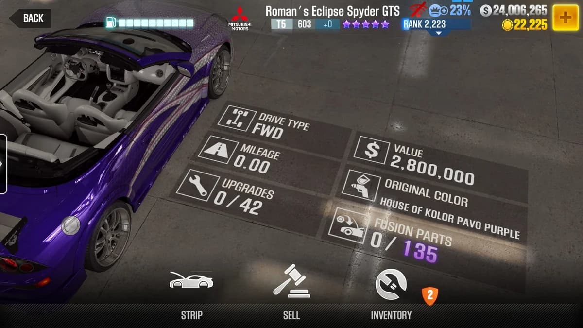 Roman's Mitsubishi Eclipse Spyder GTS CSR2 fusion parts and upgrade breakdown, tier 5 purple star car