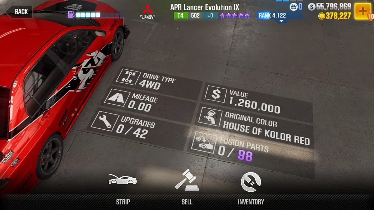 Sean's Mitsubishi APR Lancer Evolution IX (FnF) CSR2 fusion parts and upgrade breakdown, tier 4 purple star car