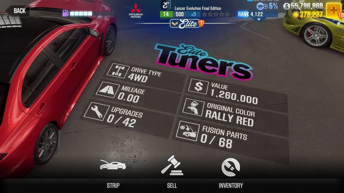 Mitsubishi Lancer Evolution Final Edition (E.C. Level 0) CSR2 fusion parts and upgrade breakdown, tier 4 purple star car