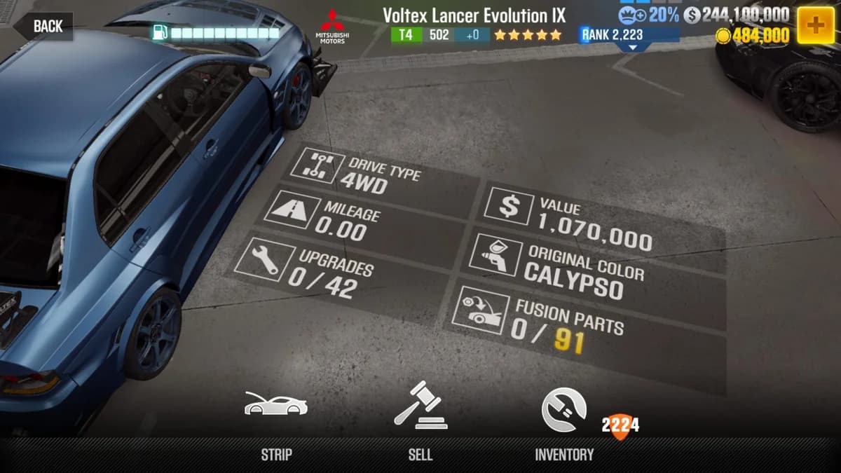 Mitsubishi Voltex Lancer Evolution IX CSR2 fusion parts and upgrade breakdown, tier 4 purple star car