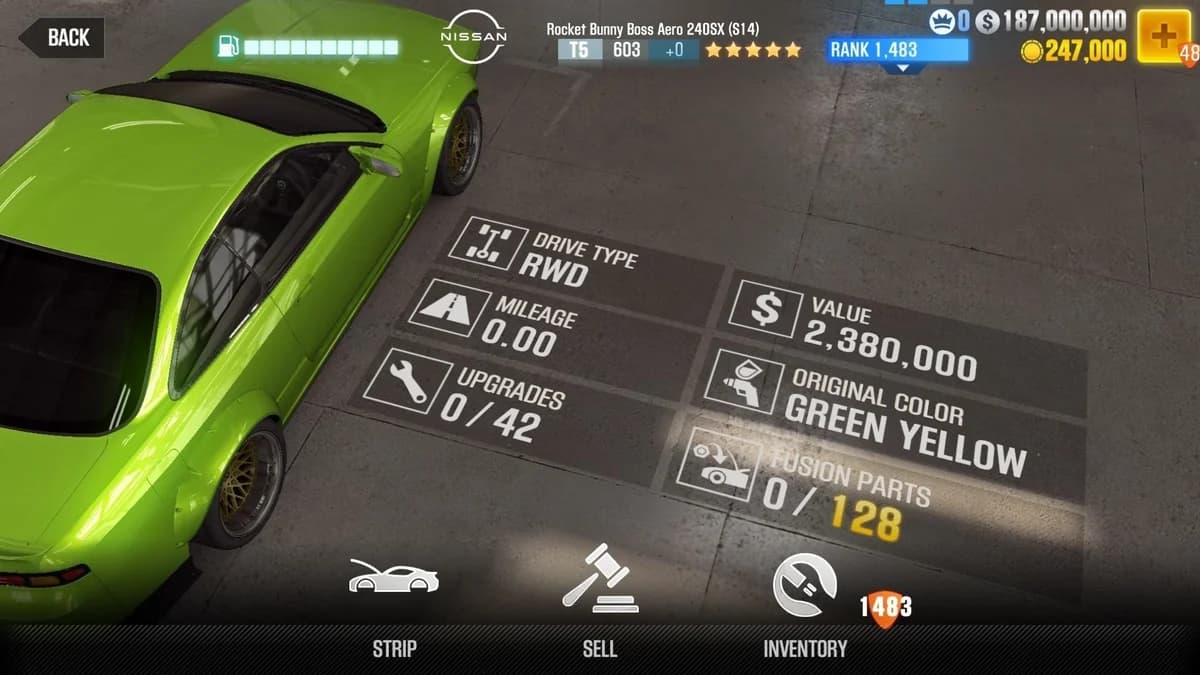 Nissan Rocket Bunny Boss Aero 240SX (S14) CSR2 fusion parts and upgrade breakdown, tier 5 gold star car