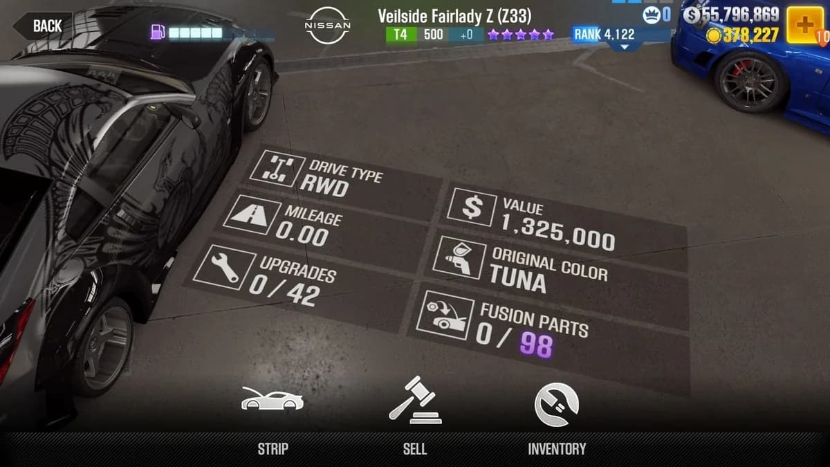 Takashi's Nissan Veilside Fairlady Z (Z33) (FnF) CSR2 fusion parts and upgrade breakdown, tier 4 purple star car