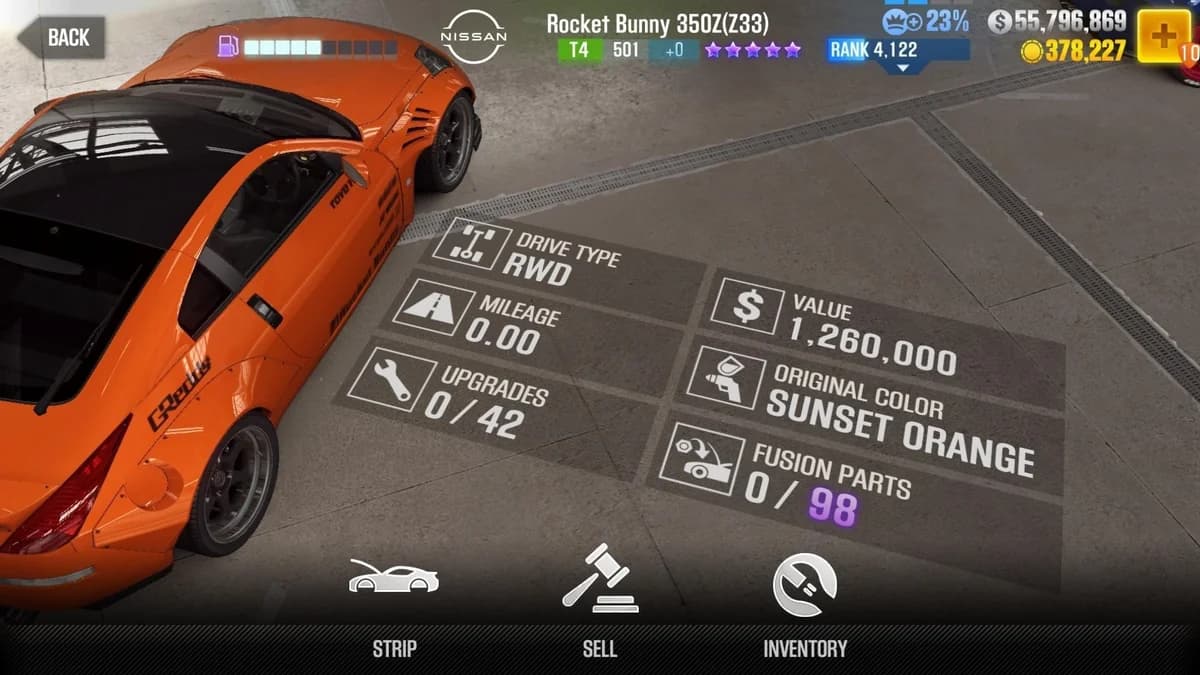 Nissan Rocket Bunny V2 Fairlady Z (Z33) (Easter II) CSR2 fusion parts and upgrade breakdown, tier 4 purple star car