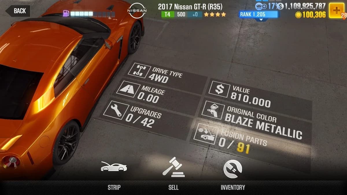 Nissan 2017 GT-R (R35) CSR2 fusion parts and upgrade breakdown, tier 4 gold star car