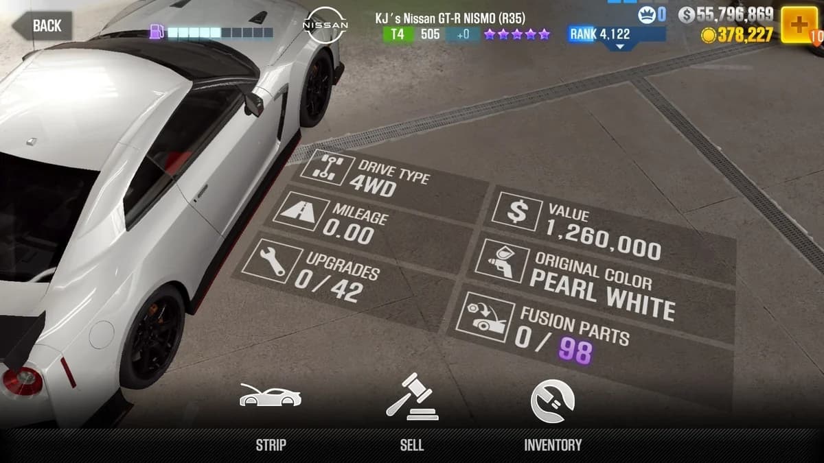 KJ's Nissan GT-R NISMO (R35) CSR2 fusion parts and upgrade breakdown, tier 4 purple star car