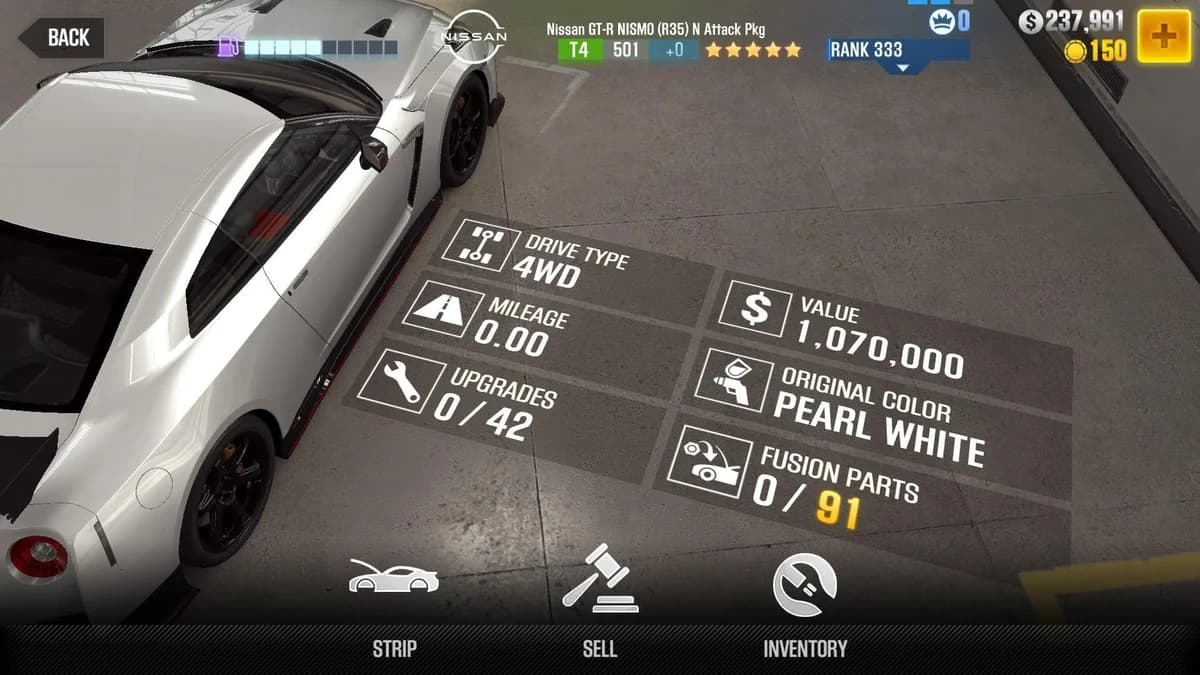 Nissan GT-R NISMO (R35) N Attack Pkg CSR2 fusion parts and upgrade breakdown, tier 4 gold star car