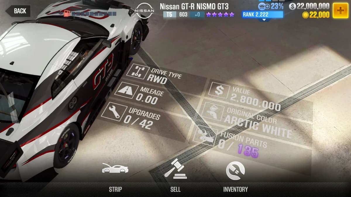 Nissan GT-R NISMO GT3 CSR2 fusion parts and upgrade breakdown, tier 5 purple star car