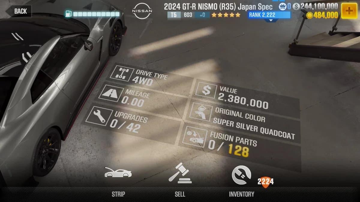 Nissan 2024 GT-R NISMO (R35) Japan Spec CSR2 fusion parts and upgrade breakdown, tier 5 gold star car