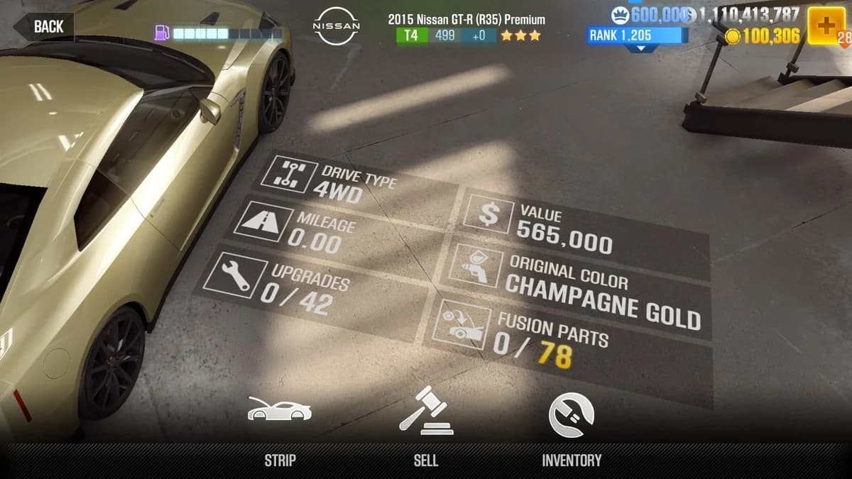 Nissan 2015 GT-R (R35) Premium CSR2 fusion parts and upgrade breakdown, tier 4 gold star car
