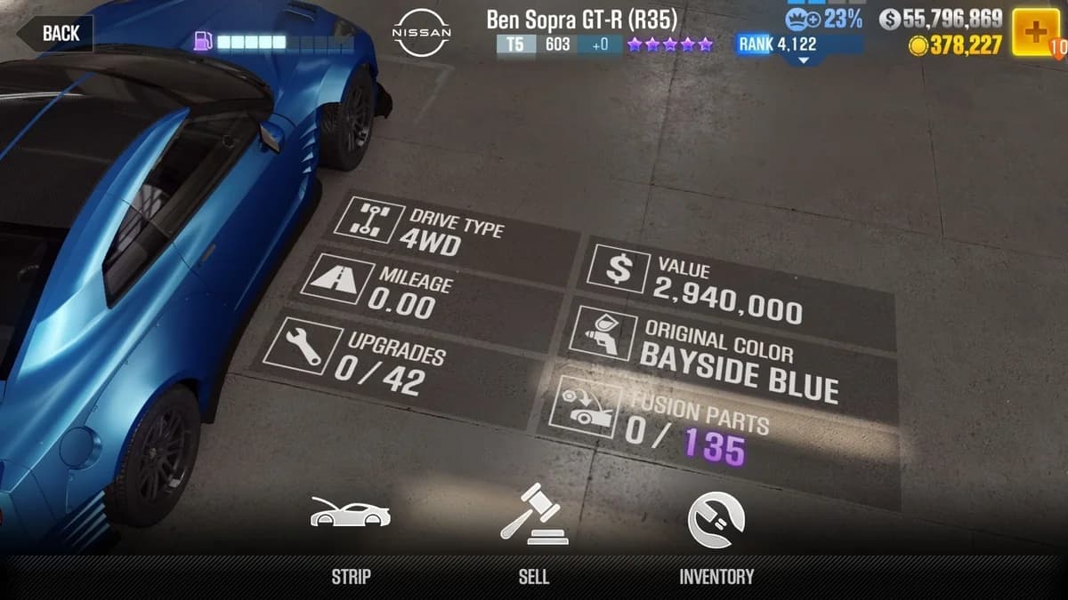 Brian's Nissan Ben Sopra GT-R (R35) (FnF) CSR2 fusion parts and upgrade breakdown, tier 5 purple star car