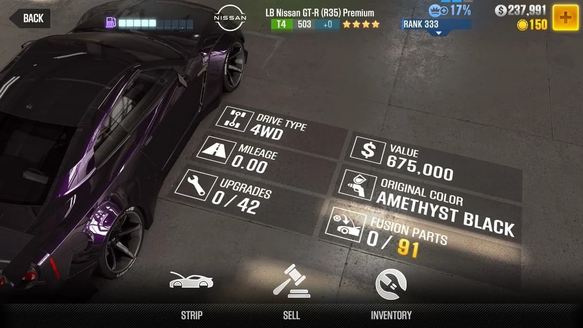 Nissan LB GT-R (R35) Premium CSR2 fusion parts and upgrade breakdown, tier 4 gold star car