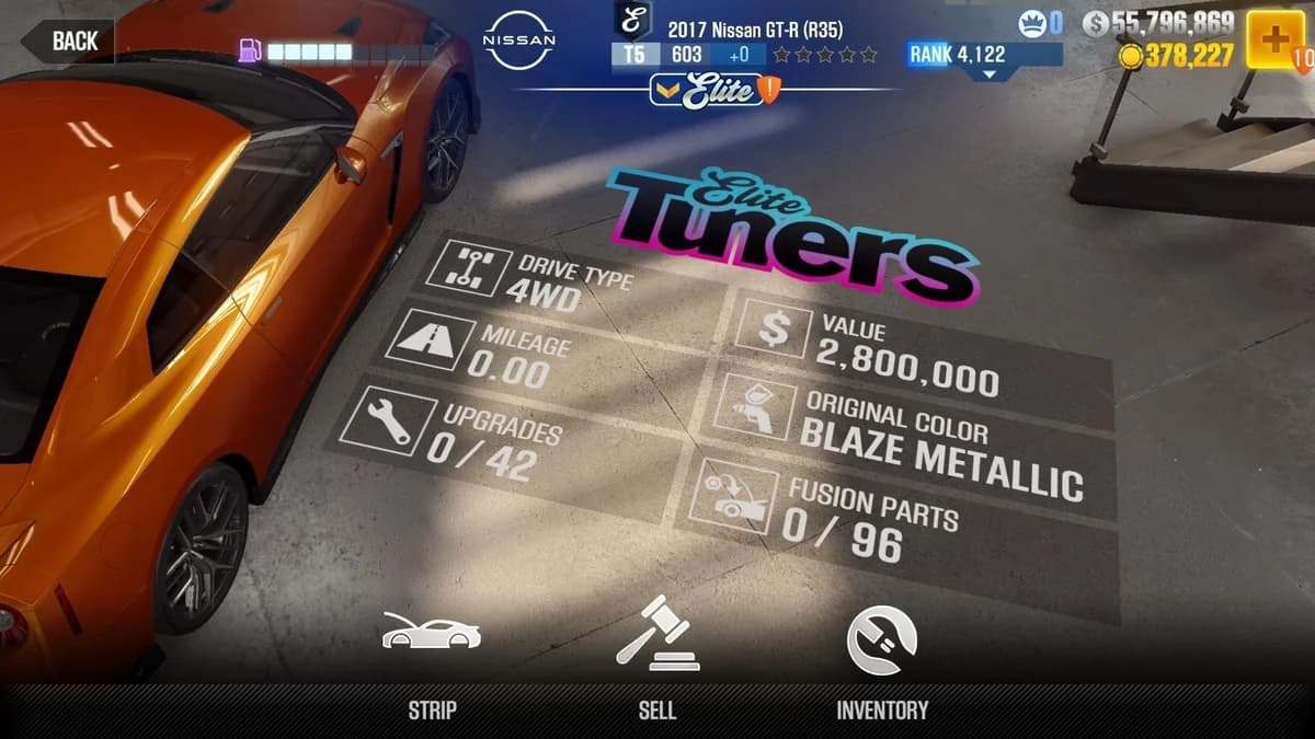 Nissan 2017 GT-R (R35) (E.C. Level 0) CSR2 fusion parts and upgrade breakdown, tier 5 purple star car