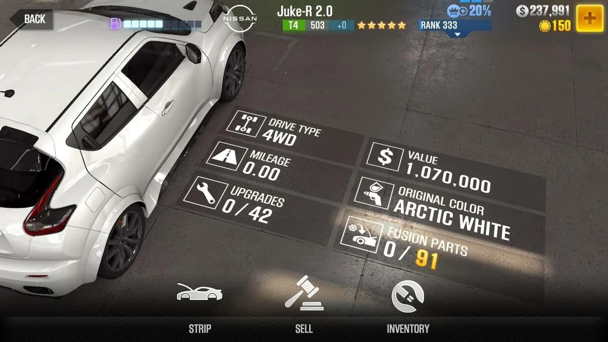 Nissan Juke-R 2.0 CSR2 fusion parts and upgrade breakdown, tier 4 gold star car