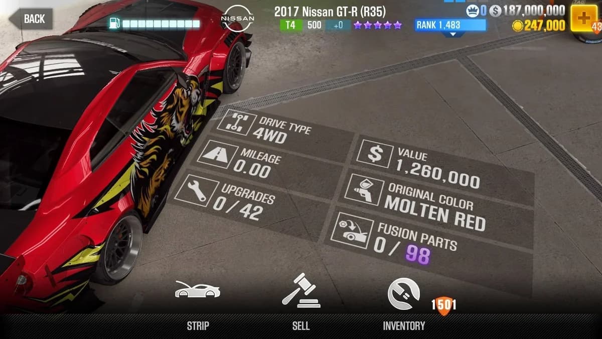Nissan LB Type 2 GT-R (R35) CSR2 fusion parts and upgrade breakdown, tier 4 purple star car