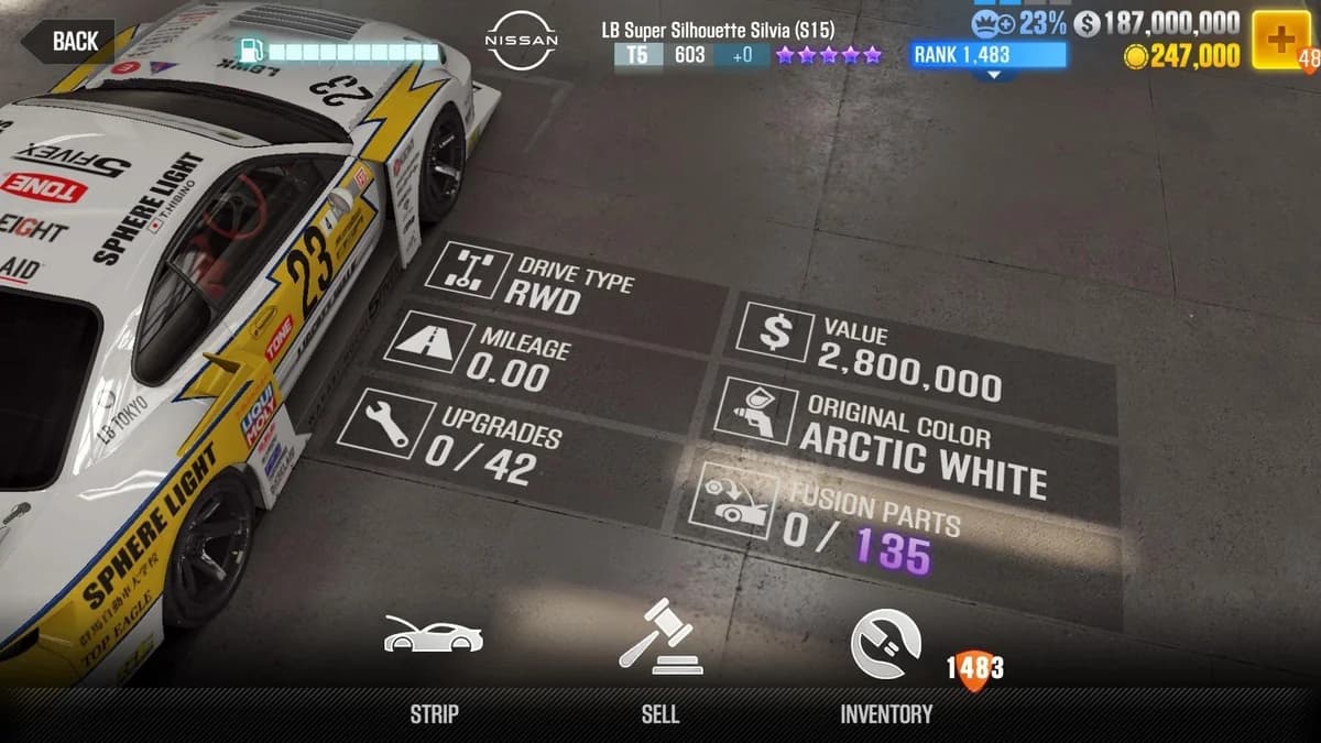 Nissan LB Super Silhouette Silvia (S15) CSR2 fusion parts and upgrade breakdown, tier 5 purple star car