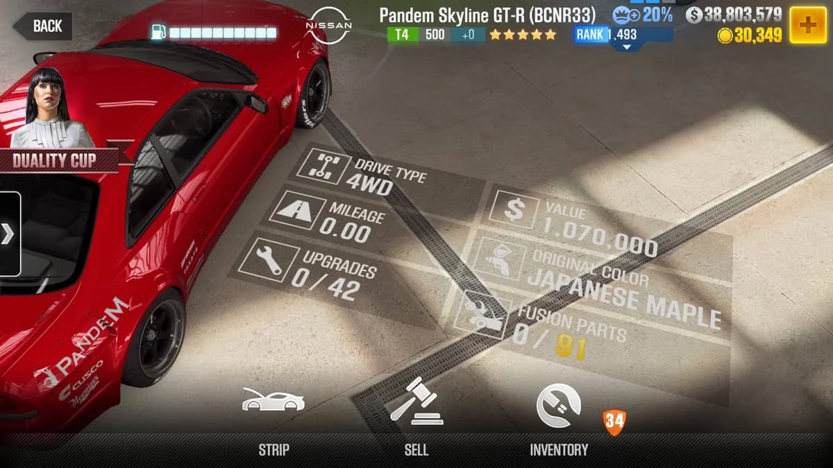 Nissan Pandem Skyline GT-R (BCNR33) CSR2 fusion parts and upgrade breakdown, tier 4 purple star car