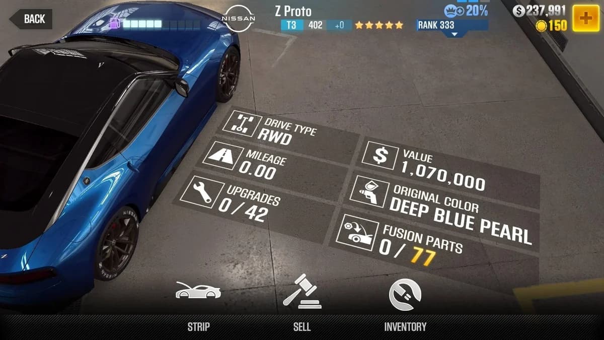 Nissan Proto Z CSR2 fusion parts and upgrade breakdown, tier 3 gold star car