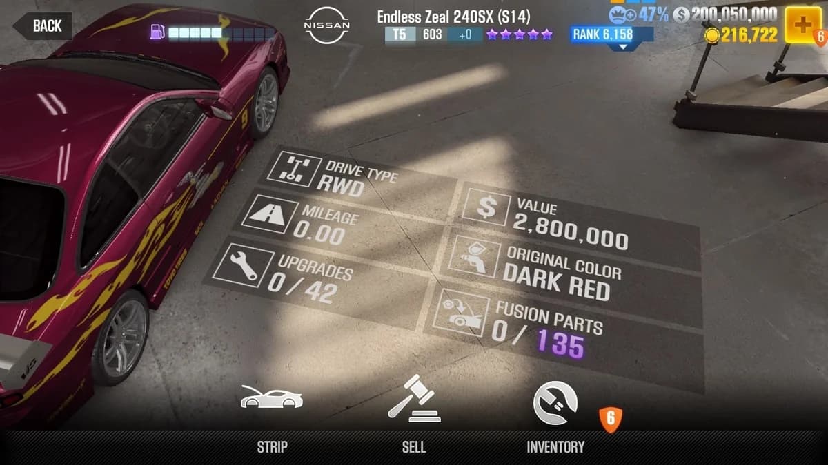 Letty's Nissan Endless Zeal 240SX (S14) (FnF) CSR2 fusion parts and upgrade breakdown, tier 5 purple star car