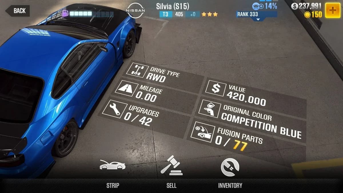 Nissan Silvia (S15) CSR2 fusion parts and upgrade breakdown, tier 3 gold star car