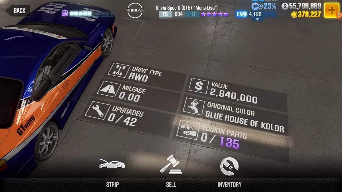 Sean's Nissan Silvia Spec S (S15) ''Mona Lisa'' (FnF) CSR2 fusion parts and upgrade breakdown, tier 5 purple star car
