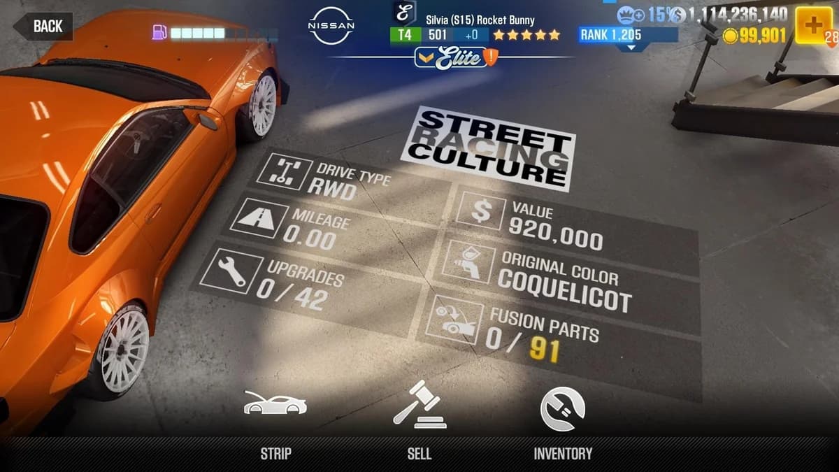 Nissan Silvia (S15) Rocket Bunny (E.C. Level 0) CSR2 fusion parts and upgrade breakdown, tier 4 gold star car
