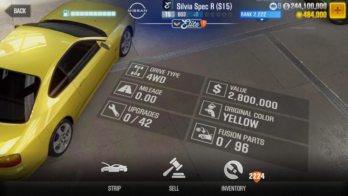 Nissan Silvia Spec R (S15) (E.C. Level 0) CSR2 fusion parts and upgrade breakdown, tier 5 purple star car