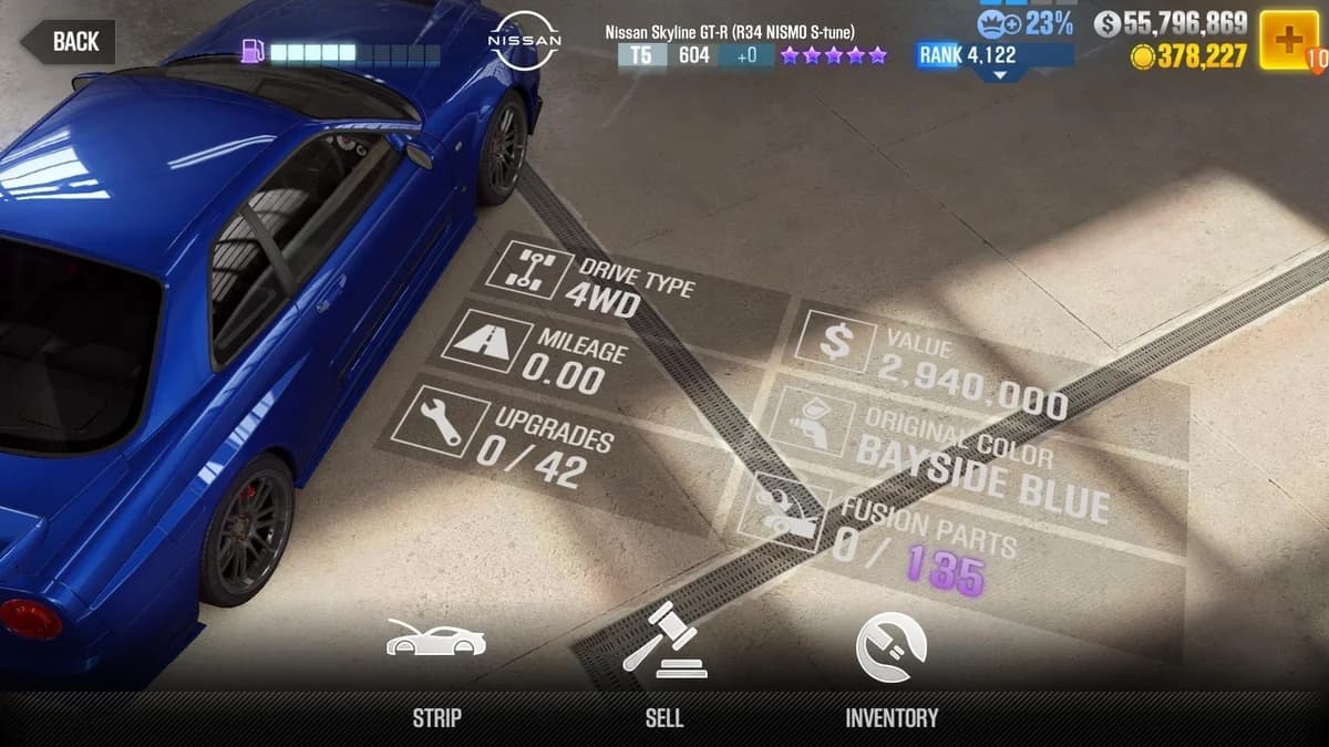 Brian's Nissan Skyline GT-R (R34 NISMO S-tune) (FnF) CSR2 fusion parts and upgrade breakdown, tier 5 purple star car