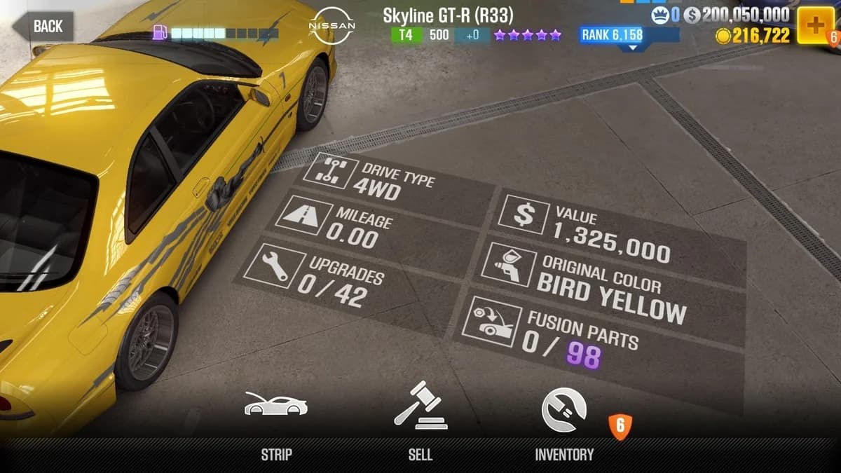Leon's Nissan Skyline GT-R (R33) (FnF) CSR2 fusion parts and upgrade breakdown, tier 4 purple star car