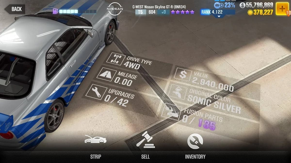 Brian's Nissan C-WEST Skyline GT-R (BNR34) (FnF) CSR2 fusion parts and upgrade breakdown, tier 5 purple star car