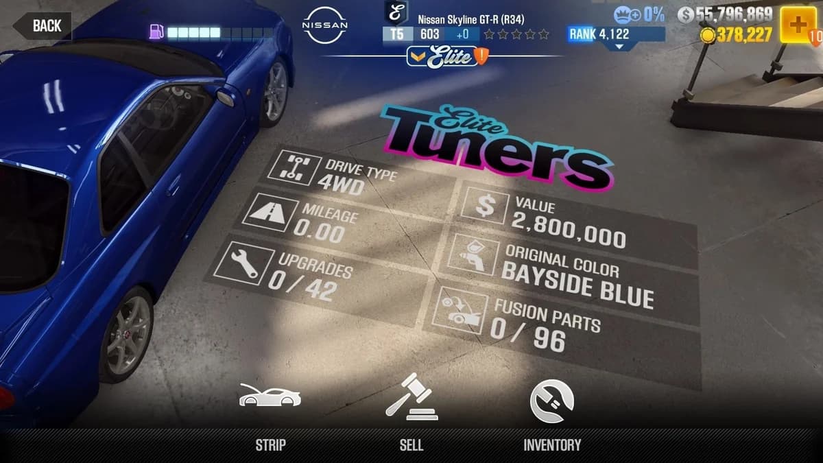 Nissan Skyline GT-R (R34) (E.C. Level 0) CSR2 fusion parts and upgrade breakdown, tier 5 purple star car