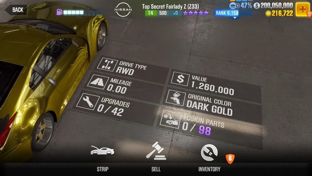 Morimoto's Nissan Top Secret Fairlady Z (Z33) (FnF) CSR2 fusion parts and upgrade breakdown, tier 4 purple star car