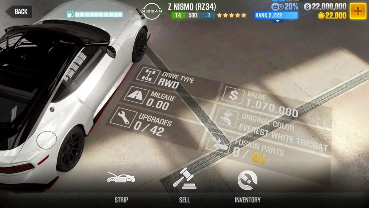 Nissan Z NISMO (RZ34) CSR2 fusion parts and upgrade breakdown, tier 4 gold star car