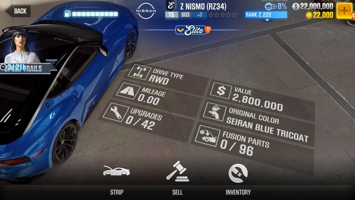 Nissan Z (RZ34) (E.C. Level 0) CSR2 fusion parts and upgrade breakdown, tier 5 purple star car