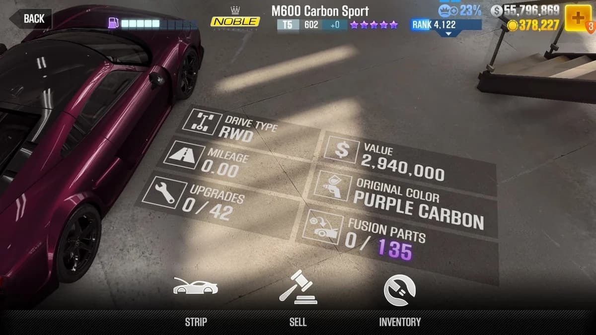 Noble M600 Carbon Sport CSR2 fusion parts and upgrade breakdown, tier 5 purple star car