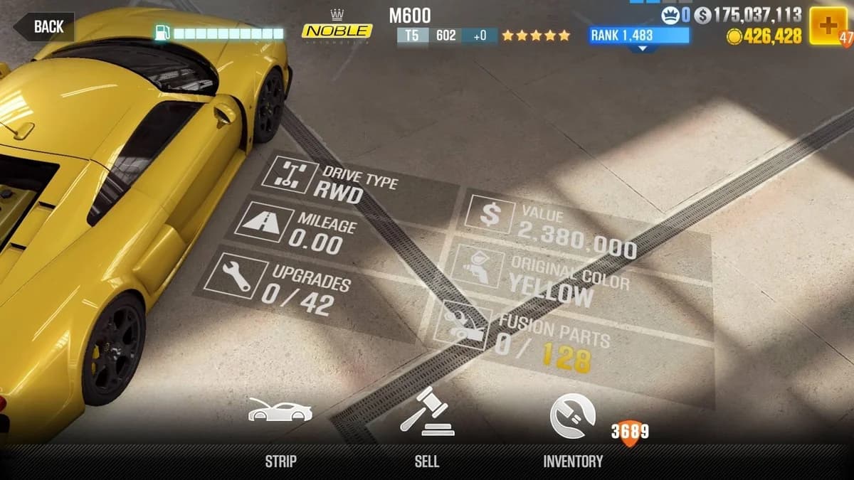 Magdalene Shaw's Noble M600 (FnF) CSR2 fusion parts and upgrade breakdown, tier 5 purple star car