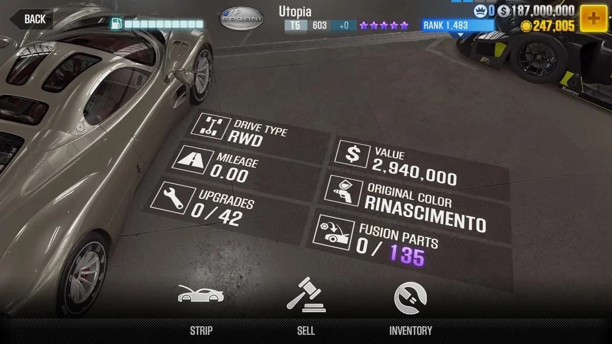 Pagani Utopia CSR2 fusion parts and upgrade breakdown, tier 5 gold star car