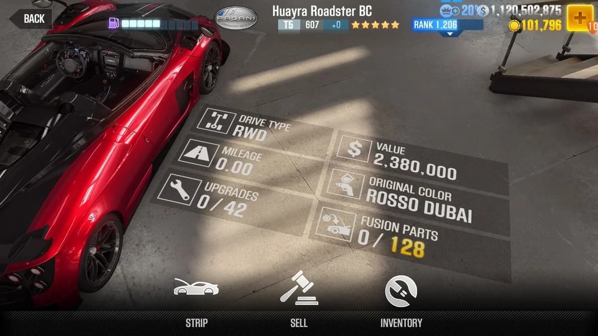 Pagani Huayra Roadster BC CSR2 fusion parts and upgrade breakdown, tier 5 gold star car