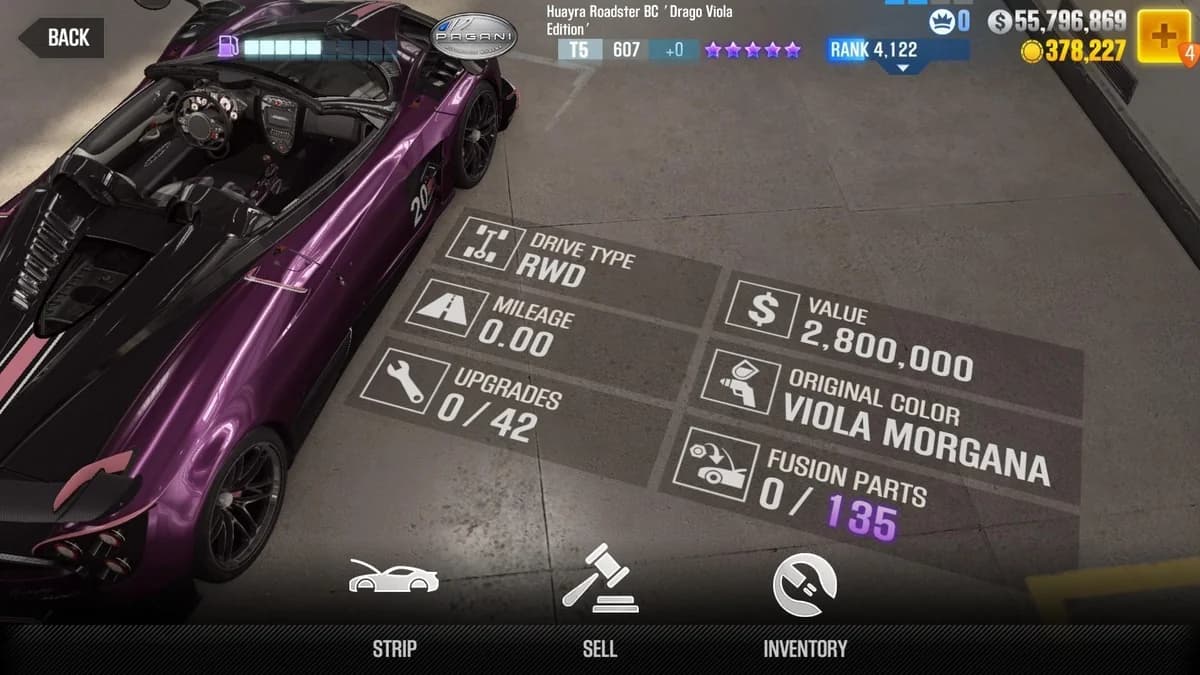 Pagani Huayra Roadster BC 'Drago Viola Edition' CSR2 fusion parts and upgrade breakdown, tier 5 purple star car