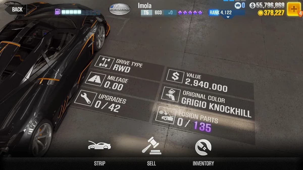Pagani Imola (Orange) CSR2 fusion parts and upgrade breakdown, tier 5 purple star car
