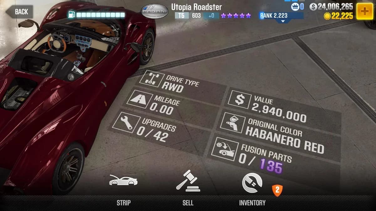 Pagani Utopia Roadster CSR2 fusion parts and upgrade breakdown, tier 5 purple star car