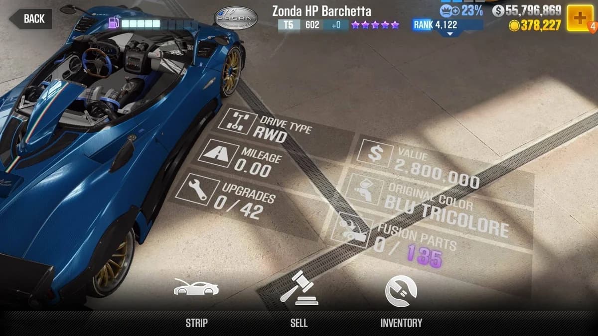 Pagani Zonda HP Barchetta CSR2 fusion parts and upgrade breakdown, tier 5 purple star car