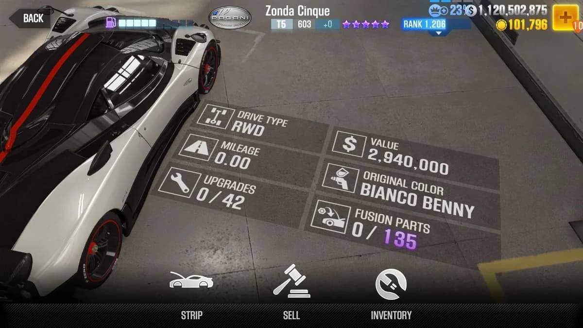 Pagani Zonda Cinque CSR2 fusion parts and upgrade breakdown, tier 5 purple star car