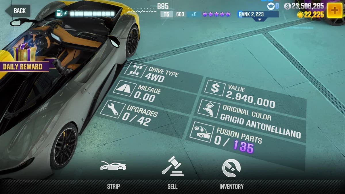 Pininfarina B95 CSR2 fusion parts and upgrade breakdown, tier 5 purple star car