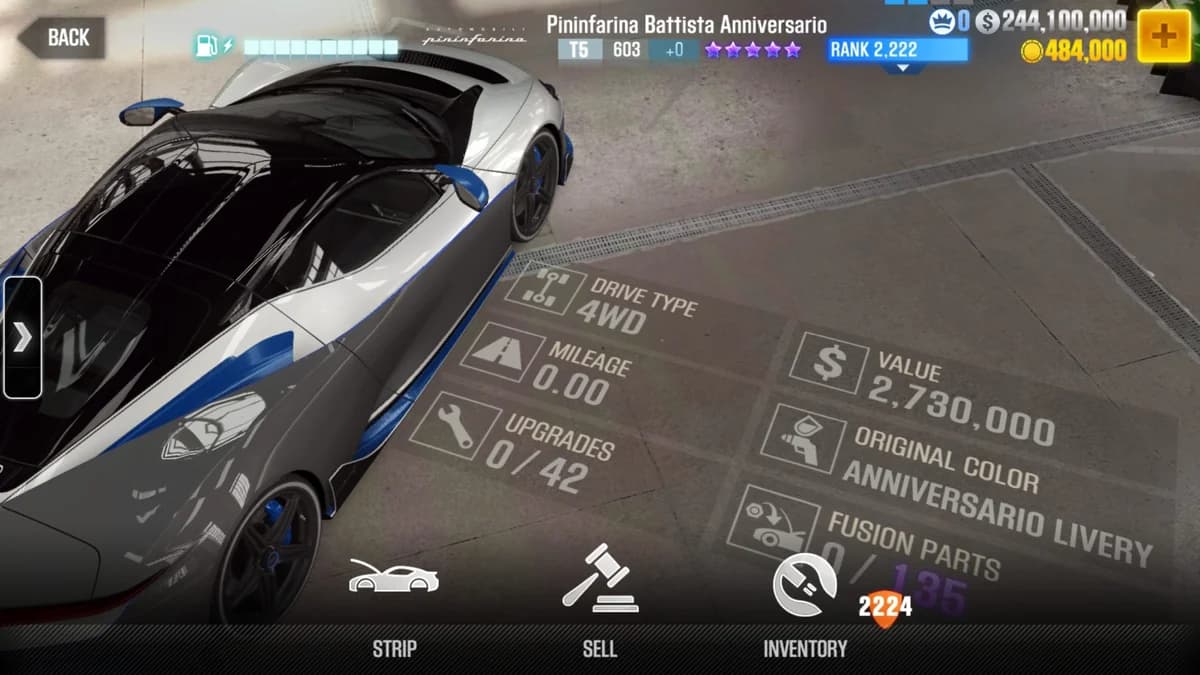Pininfarina Battista Anniversario CSR2 fusion parts and upgrade breakdown, tier 5 purple star car