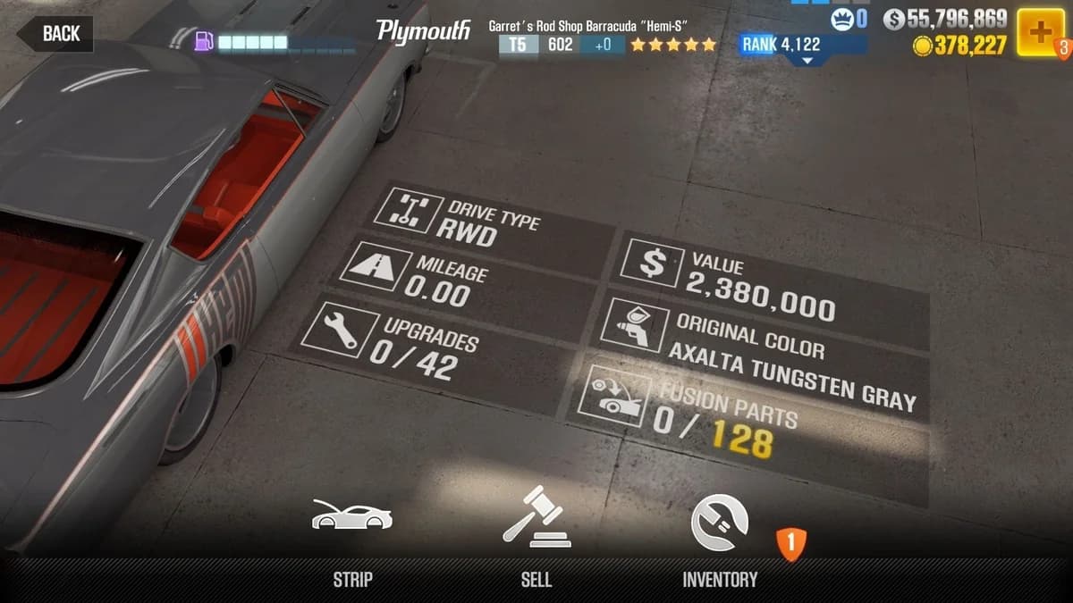 Plymouth Garret's Rod Shop Barracuda ''Hemi-S'' CSR2 fusion parts and upgrade breakdown, tier 5 gold star car