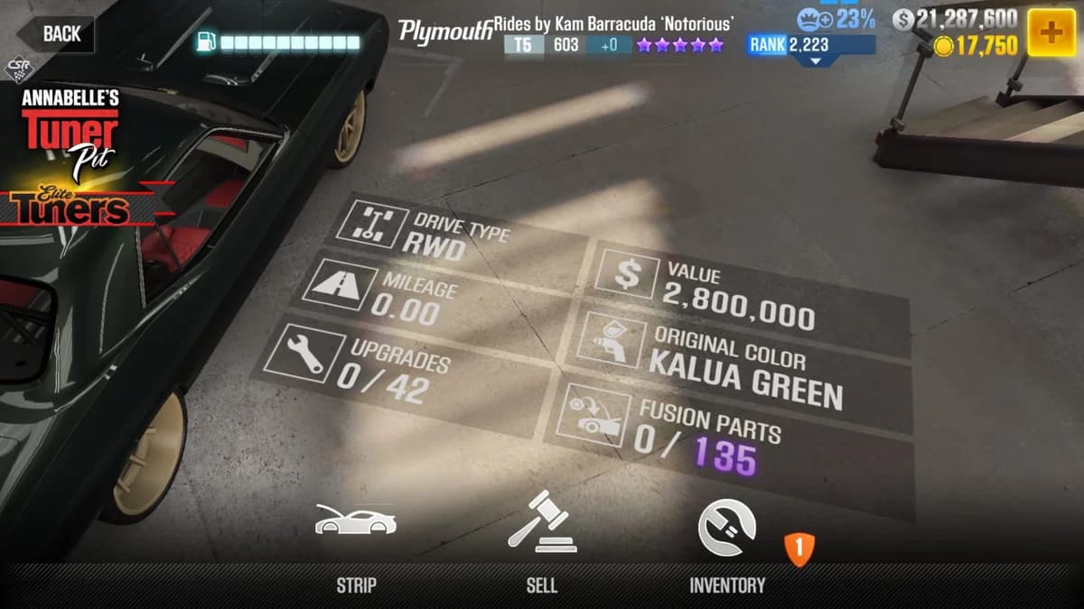 Plymouth Rides by Kam Barracuda 'Notorious' CSR2 fusion parts and upgrade breakdown, tier 5 purple star car