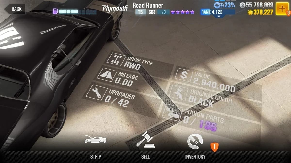 Dom Toretto's Plymouth Road Runner (FnF) CSR2 fusion parts and upgrade breakdown, tier 5 purple star car