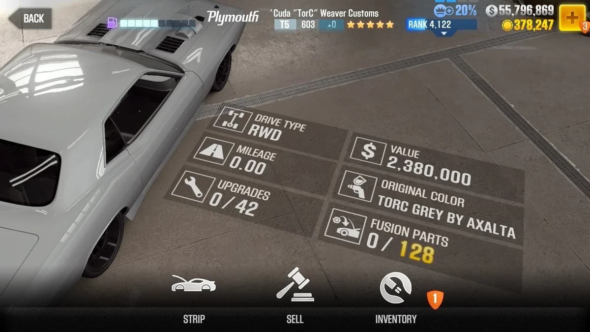 Plymouth 'Cuda ''TorC'' Weaver Customs CSR2 fusion parts and upgrade breakdown, tier 5 gold star car