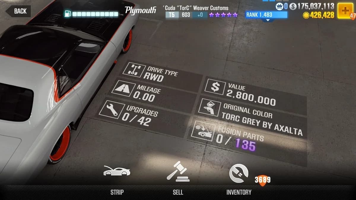 Plymouth 'Cuda ''TorC'' Weaver Customs (Red accents) CSR2 fusion parts and upgrade breakdown, tier 5 purple star car