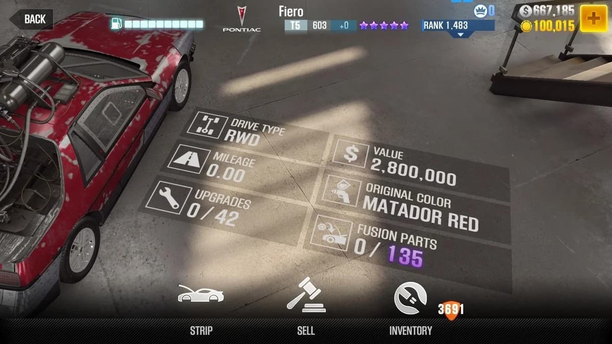 Roman's Pontiac Fiero (FnF) CSR2 fusion parts and upgrade breakdown, tier 5 purple star car